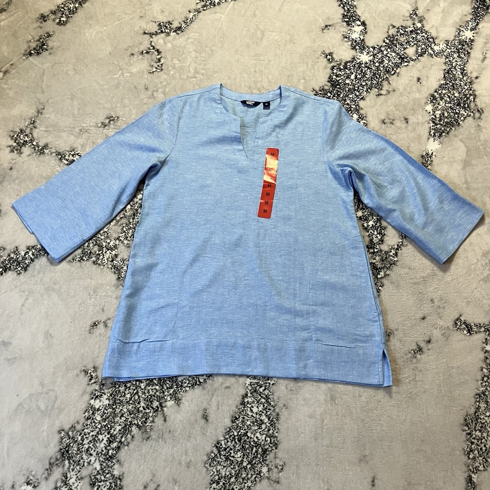 Lands End Shirt Womens SIze‎ Medium Blue Linen Blend V Neck Tunic Pockets